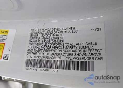 2022 Honda Accord Hybrid Touring from USA, damaged, VIN 1HGCV3F93NA001135